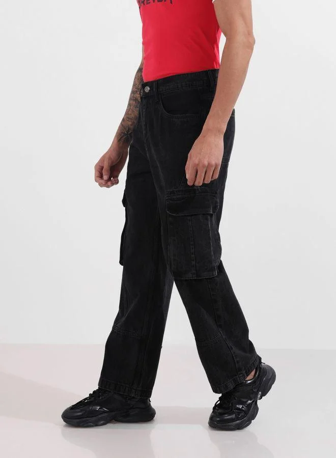 The Indian Garage Co  Men Relaxed Fit Solid Cargo Pocket Mid-Rise Jeans for Men | Best Price UAE